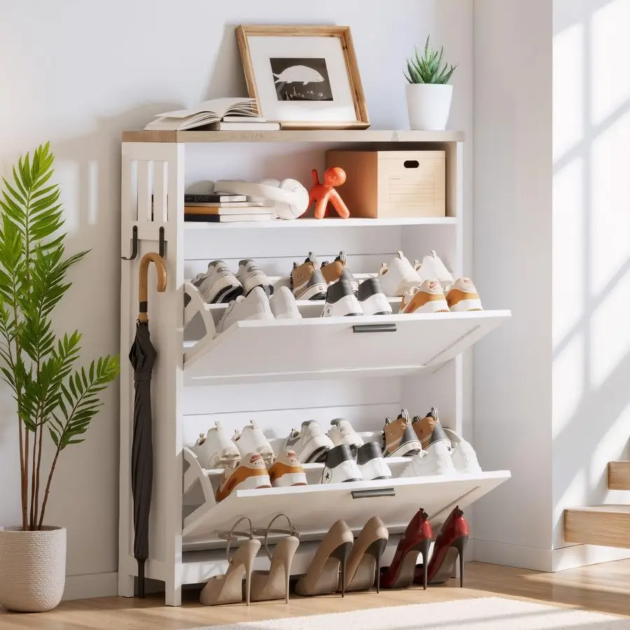 

Shoe Cabinet Storage for Entryway Hidden Shoes Storage Cabinet with 2 Rattan Flip Drawers, Shoes Cabinet with Adjustable Shelve