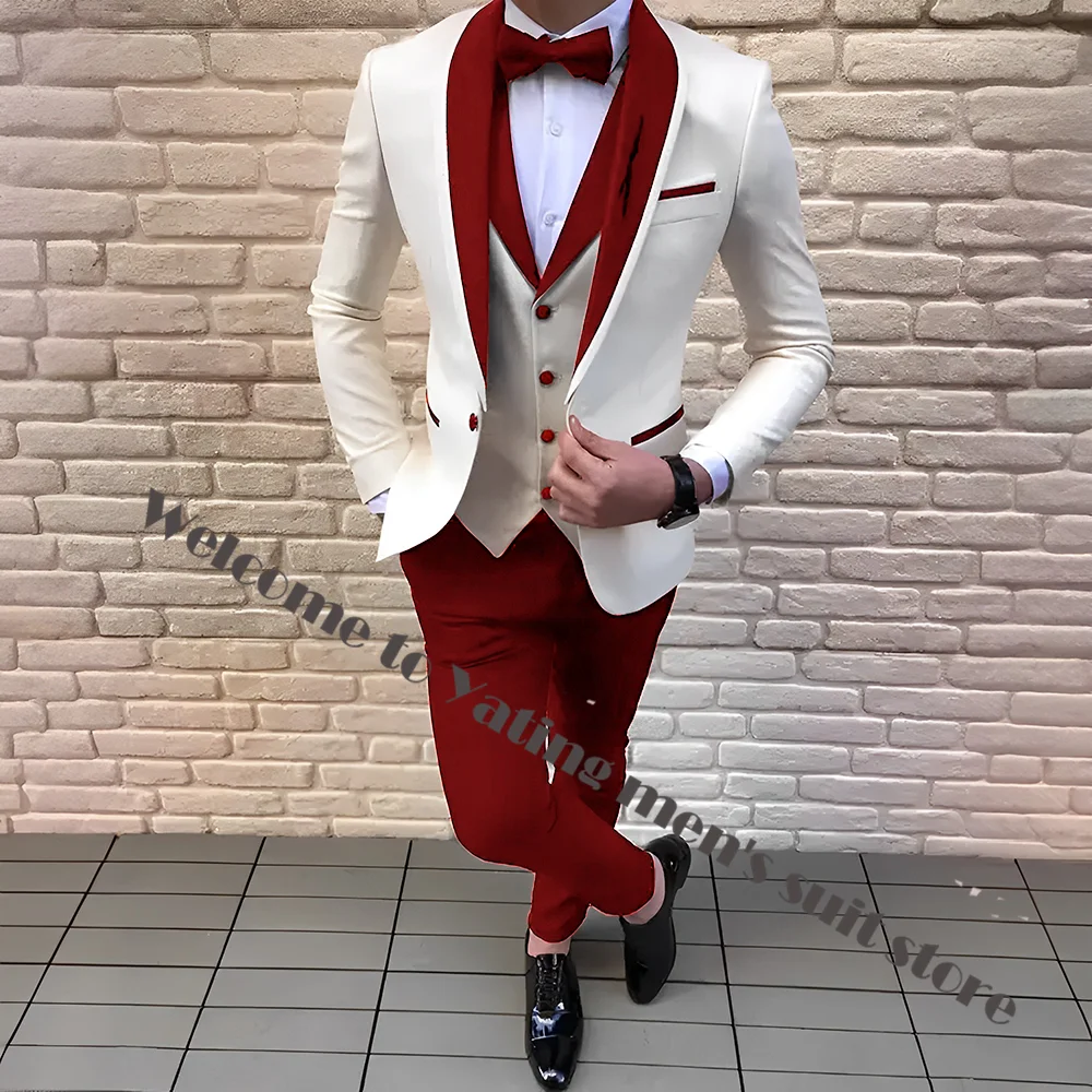 

Handsome Men Suits 3 Pieces Ivory Blazer Sets Red Shawl Lapel Groomsmen Formal Party Suit Groom Tuxedo For Wedding