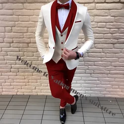 Costumes 3 Pièces pour Homme, Ensemble Blazer Ivoire, Châle Rouge, Revers, ixFormelle, Smoking de Marié Trempé pour Mariage