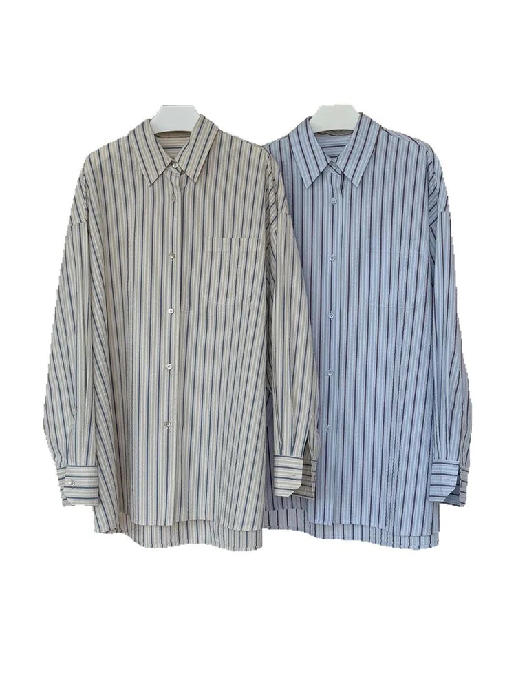 FANAN ヴィンテージストライプコントラストカラーシャツ女性のラペルシングルブレストオフィスレディルーズブラウスファッショントップス 2025 春の新