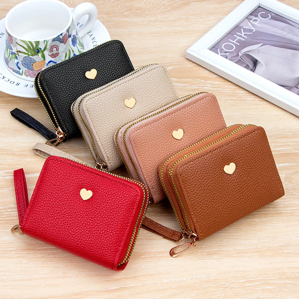 Women's Mini Short Wallet Card Holder, Dual Zipper Purse With Wrist Strap, Heart Decor Multiple Card Slots Portable Wallet