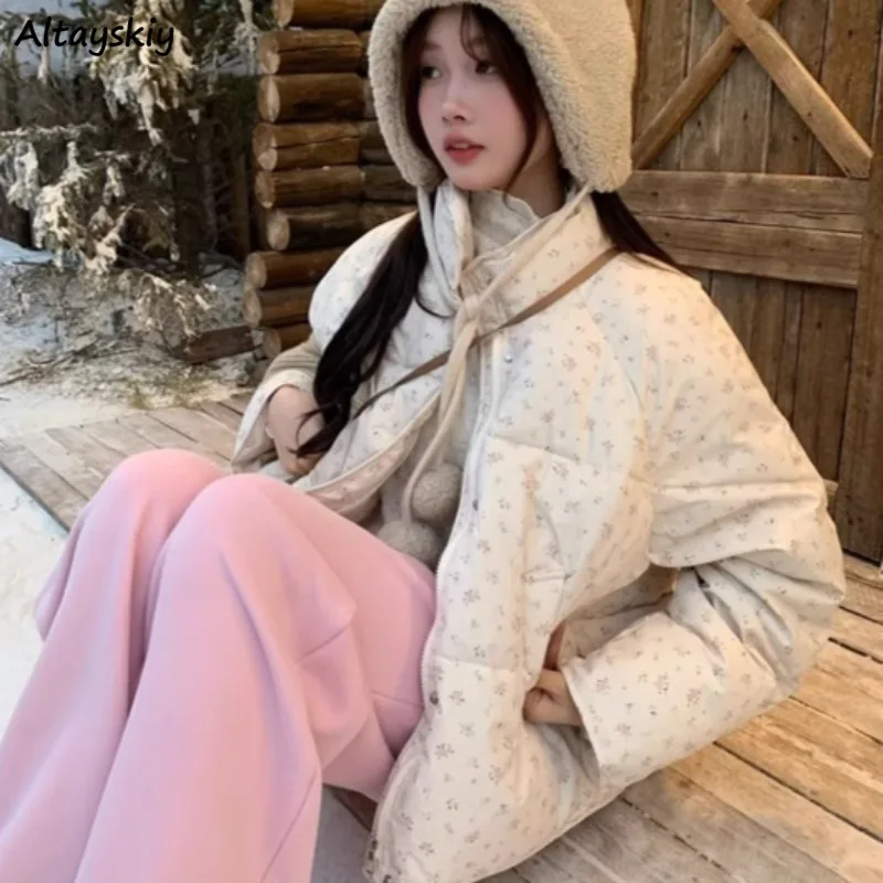 Short Style Parkas Women Winter Sweet Students Lovely Coats Floral Baggy Stand Collar Single Breasted All-match Gentle Ulzzang