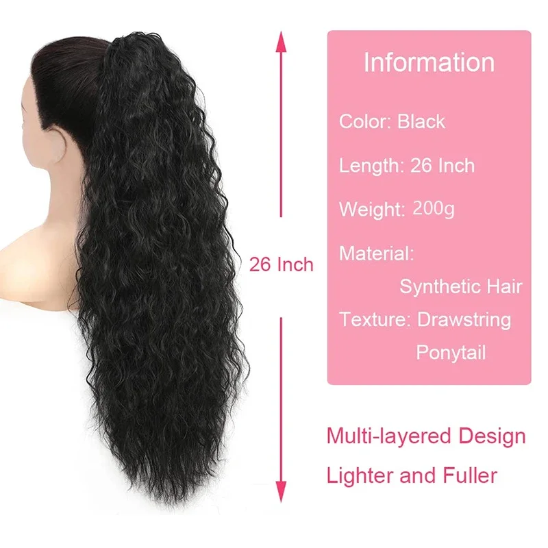 Synthetic Water Wavy Drawstring Clip in Ponytail 26inch Long Curly Ponytail Extension Natural Wave Black Horse Tail for Women