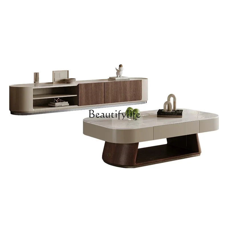 

55Ancient coffee table TV cabinet combination in the living room Solid wood light luxury high-end cream style square