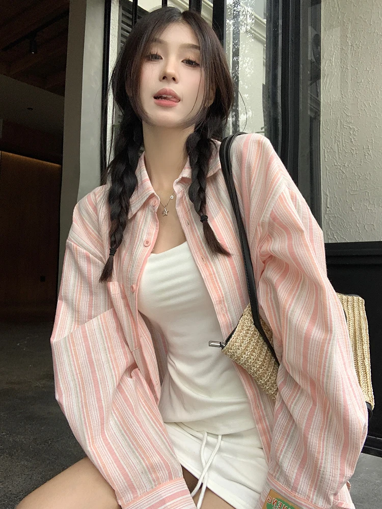 Zoki Sweet Striped Loose Shirt Women Long Sleeve Elegant Korean Blouse Fall New Vintage Oversize Lazy Wind Casual Retro Tops