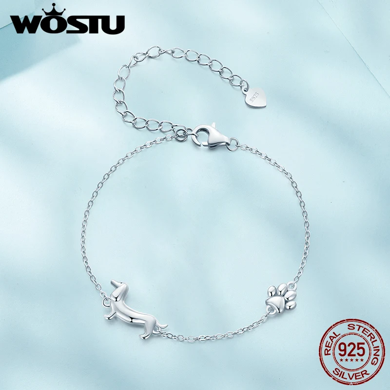 WOSTU 925 Sterling Silver Dachshund Dog Bracelet cute paw design  print Chain For Women Girl Fine Jewelry Party Birthday Gift