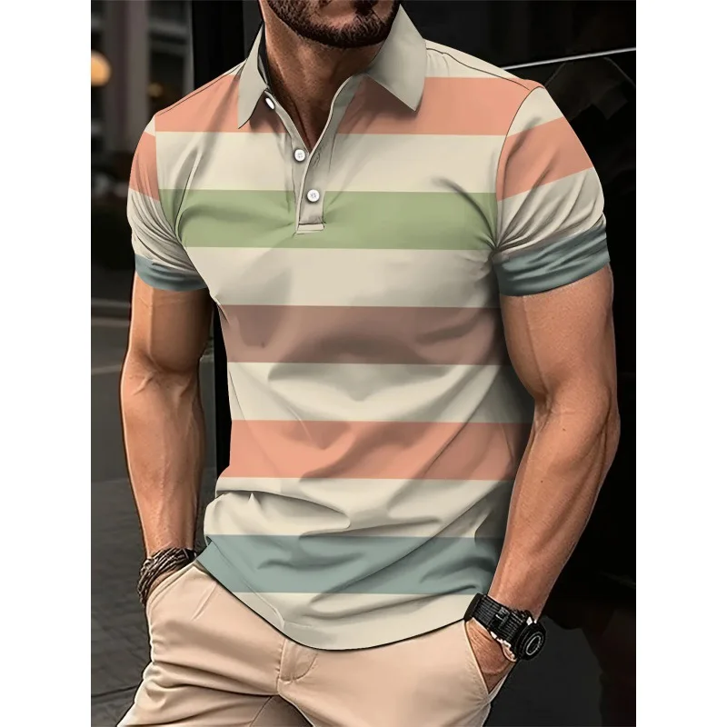 2024 New Men's Summer Short Sleevedpolo Shirt Lapel 3d Digital Printed Striped Polo Shirt Men Busibness Casual Top Men Clothing