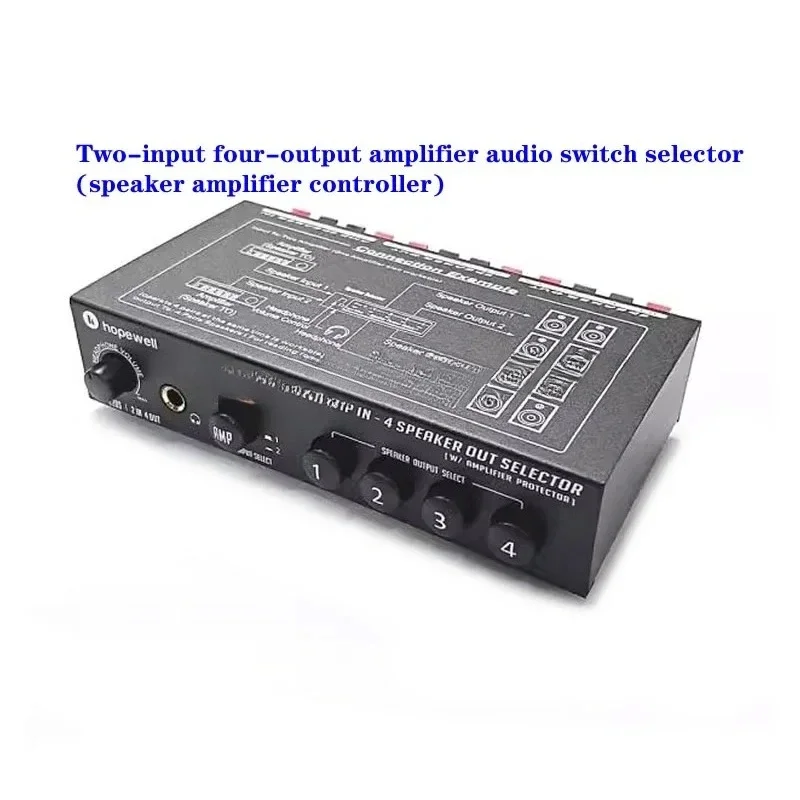 Two-input and four-output amplifier audio switch selector, speaker amplifier controller.