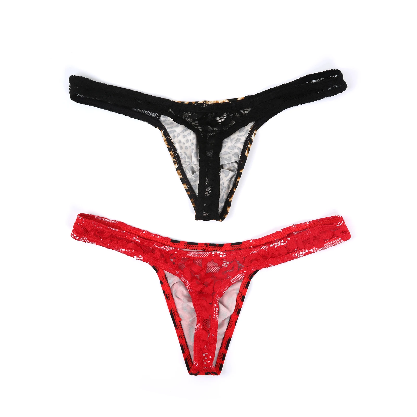 Mens Lace Thong Elastic T-Back Underwear Lace Sheer Low Waist G-String Underpants Leopard Breathable Bulge Pouch Panties Hombre view 5