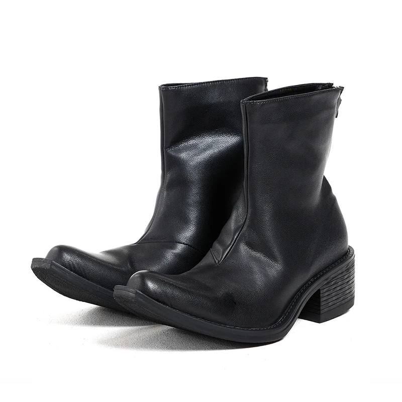 

Black vintage wizard boots with upturned toe pointed square toe for men's thick heel high zipper Chelsea shoes