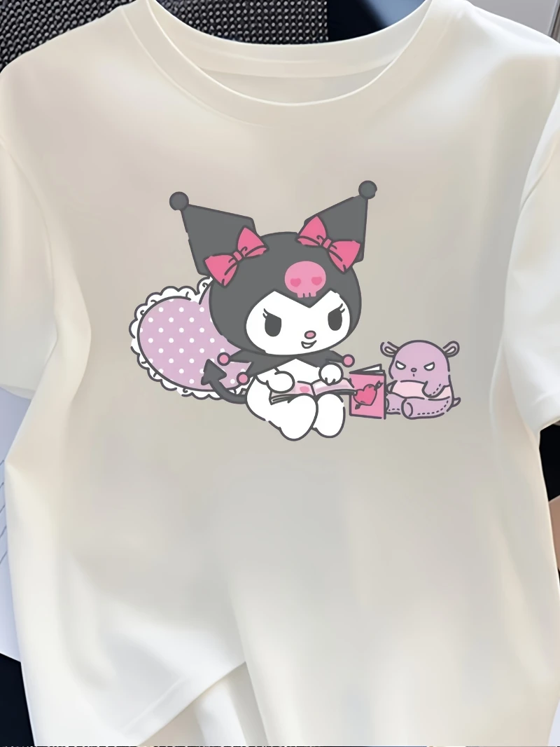 

Sanrio Women's Anime Pattern T-shirt - Cute Cream Pink and White T-shirt, Soft and Breathable Fabric, Loose Fitting Daily Shirt