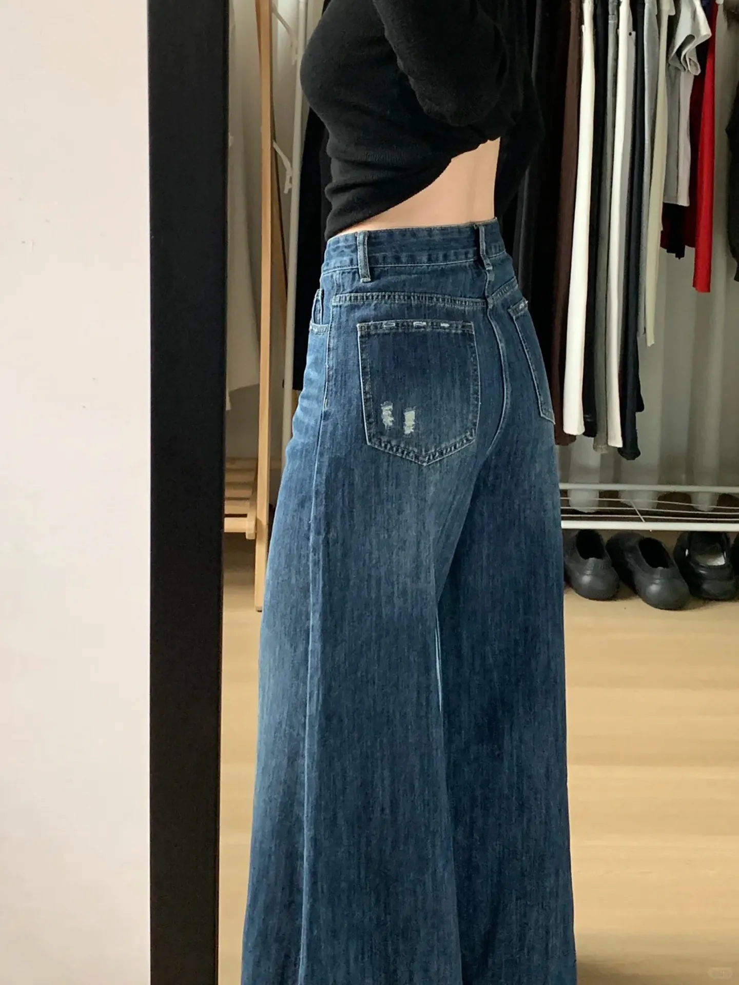 American Style Vintage Faded Bell Bottom Jeans Women plus Size Loose Drapey Casual Wide Leg Pants High Waist Comfortable Fit