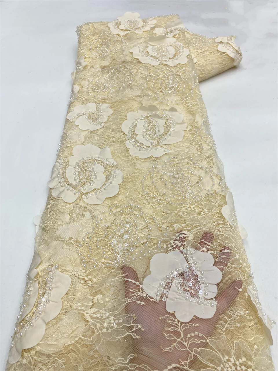 African Luxury Fabric 5 Yards Beaded Lace Fabrics Nigerian Sequins Tulle Lace French Mesh for Sewing HXZ6461