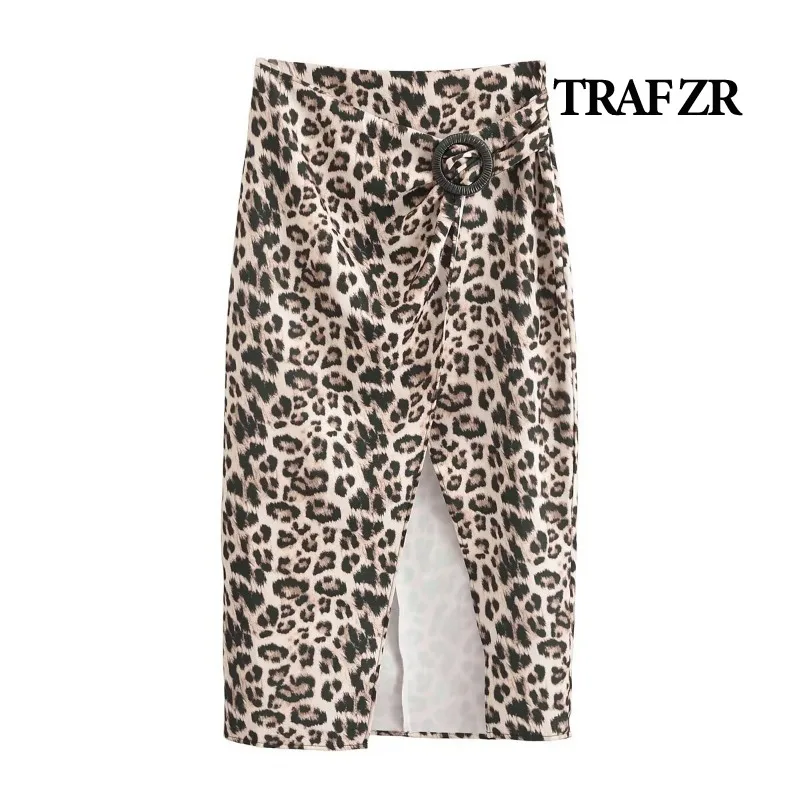 

TRAF ZR Midi Skirts Luxury Elegant Women's Skirts Vintage Fashion Summer Leopard Print Split Skirt Basics Y2k Women's Skirt