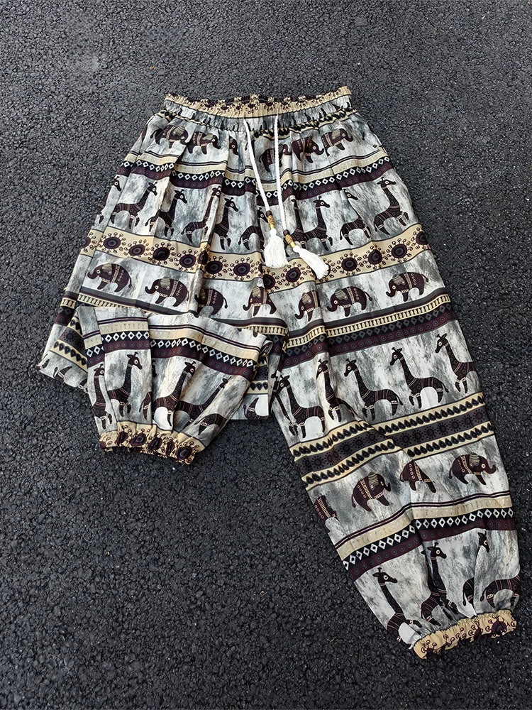 

Повседневные брюки из ледяного шелка с прямыми штанинами для мужчин, летние тонкие брюки-фонарики с прохладным ощущением, этнические длинные брюки свободного покроя