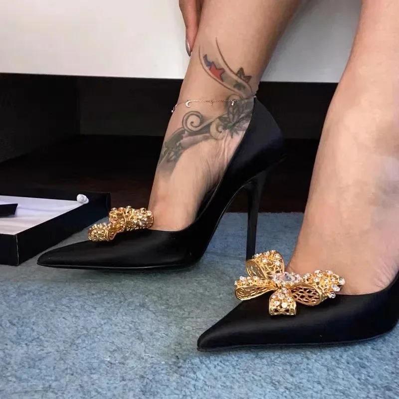 

New Gold Diamond Bow Pointed Thin Heel Shoes French Black Small and Popular Silk High Heels for Women