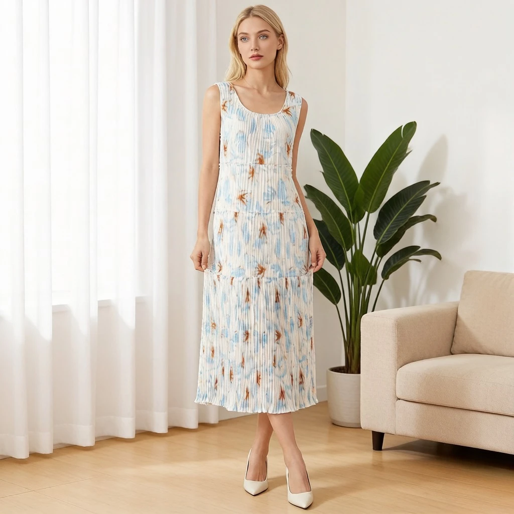 

Miyake Pleated 2026 Summer Collection Light Blue Gradient Pleated Dress Women's Loose-Fitting Sleeveless Tank-Style Maxi Dress