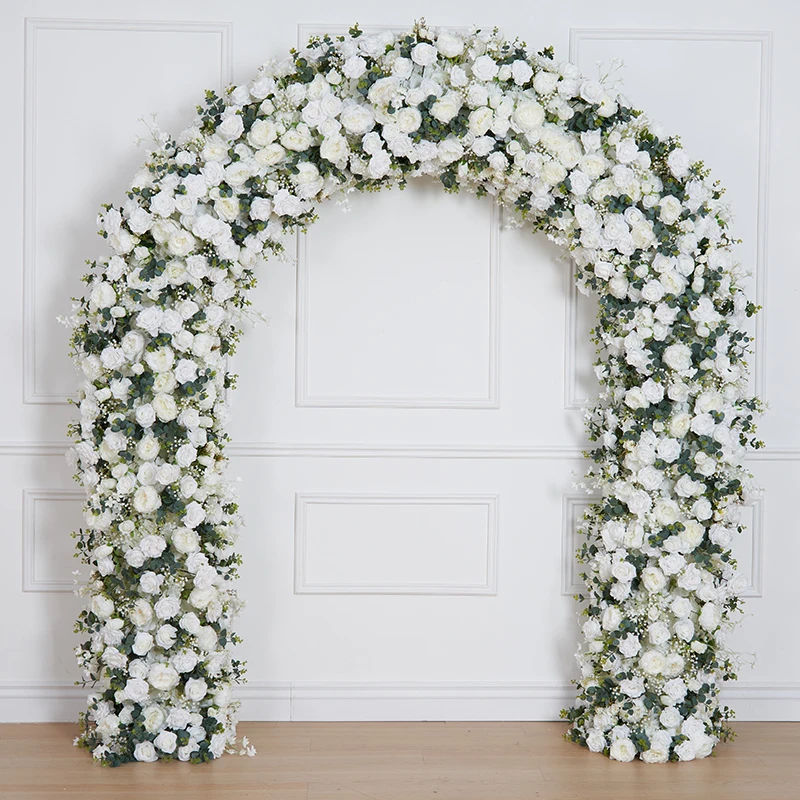 عداء صف زهرة الورد الأبيض، نفس الطفل، أوراق الأوكالبتوس الخضراء، ديكو قوس الزفاف، ترتيب الأزهار مع الإطار، دعامة الحدث #4