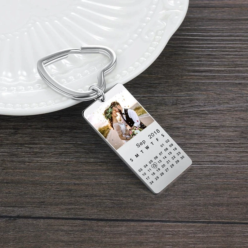 Custom Photo Keychain Calendar Keyring Personalized Keychain with Picture Date Pendant for Men Women Couple Jewelry Gift