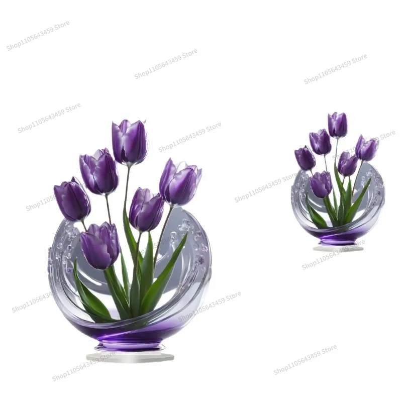 For purple tulip flower acrylic desktop decoration ornament, flat 2D multifunctional indoor and outdoor art
