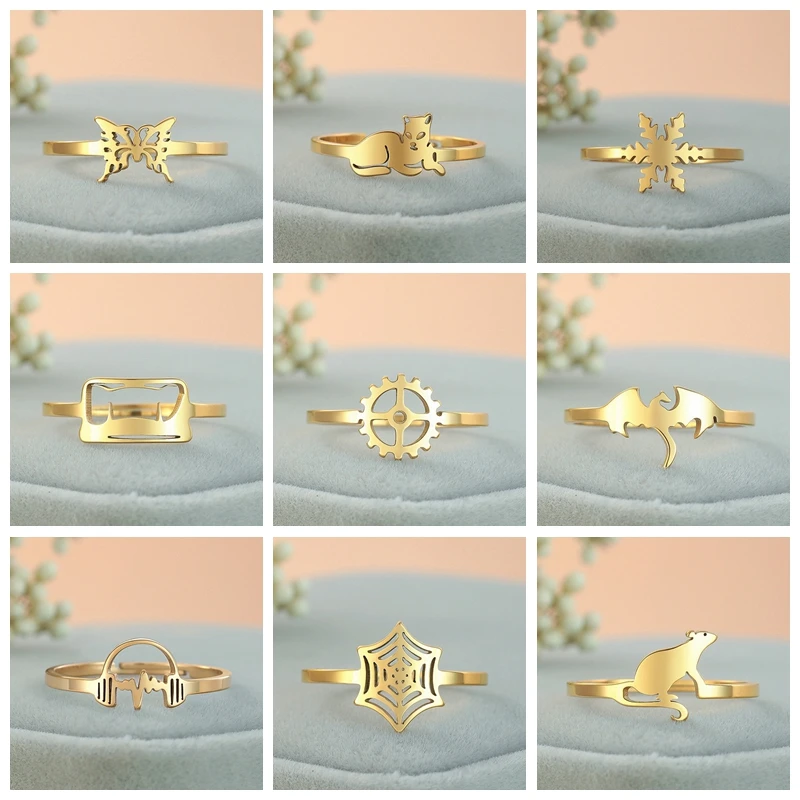 Kinitial Headphones Spider Snowflake Angel Dinosaur Mouse Rings Women Stainless Steel Jewelry Adjustable Knuckle Ring Bague