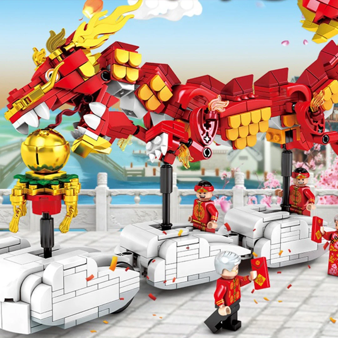 Dragon Dance Building Block para Crianças, Montagem de Tecnologia, Desenho Eletrônico, High TechToys, Ano Novo Chinês, Presentes de Natal