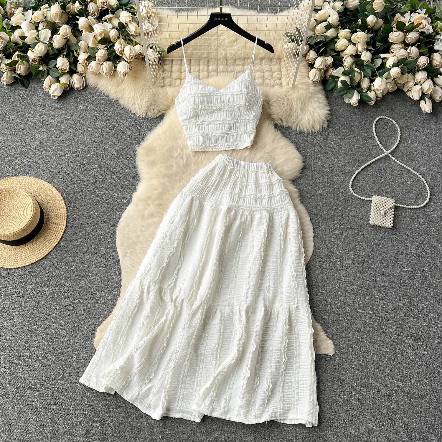 Women Sweet Two Pieces Sets Sleeveless Crop Top Shirt Elegant Summer Beach Lool Vintage Skirt Sets