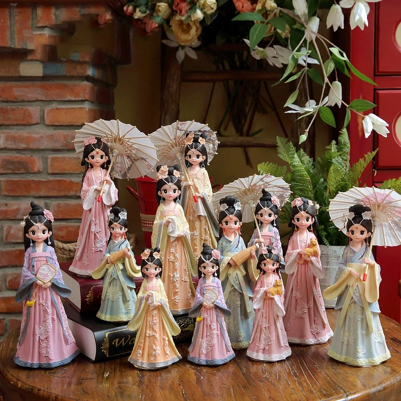 Chinese Ancient Palace Hanfu Style Girl Doll Resin Ornaments Home Livingroom Desktop Figurines Crafts Study Room Statue Decor