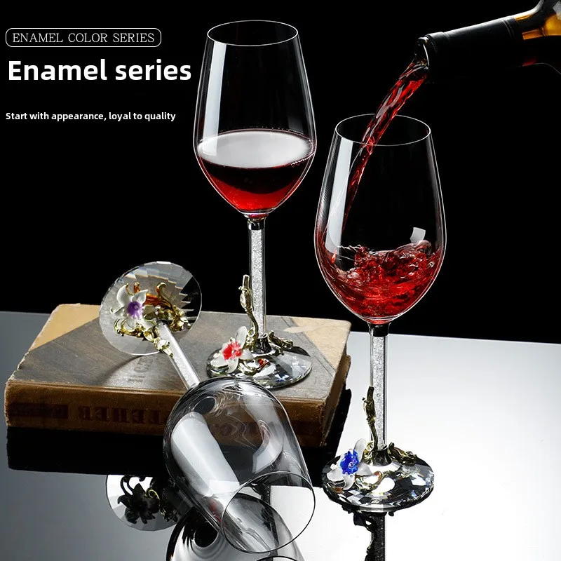 2Pcs European iris enamel color red wine glass crystal glass goblet white diamond wine  lead-free champagne
