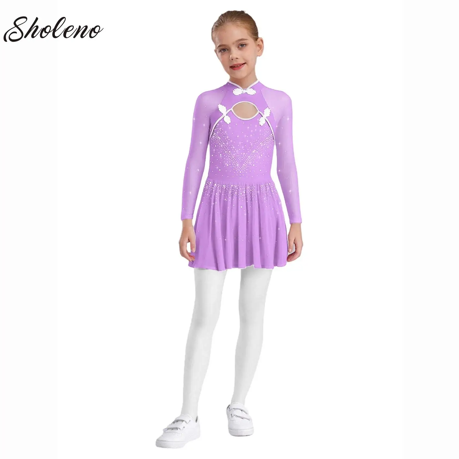

Girls Rhinestones Gymnastics Dance Jersey Ballet Tutu Leotard Figure Ice Skating Dress Kid Long Sleeve Dance Competition Costume