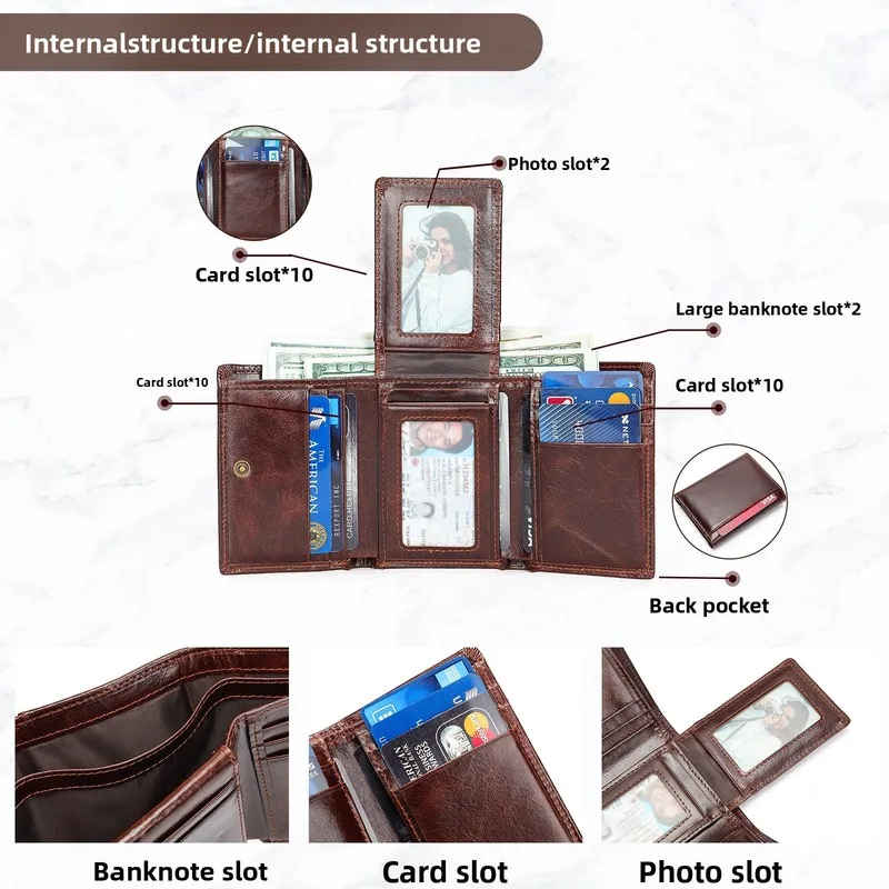 Retro genuine leather multi-functional three-fold money clip with RFID anti-theft feature and genuine leather hand-held wallet