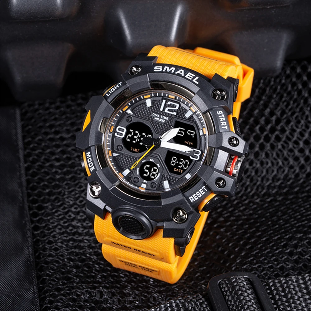 SMAEL 8008 Dual Time Zone Analog Digital Watch for Men - 50M Waterproof LED Alarm Chronograph Stopwatch Military Shockproof