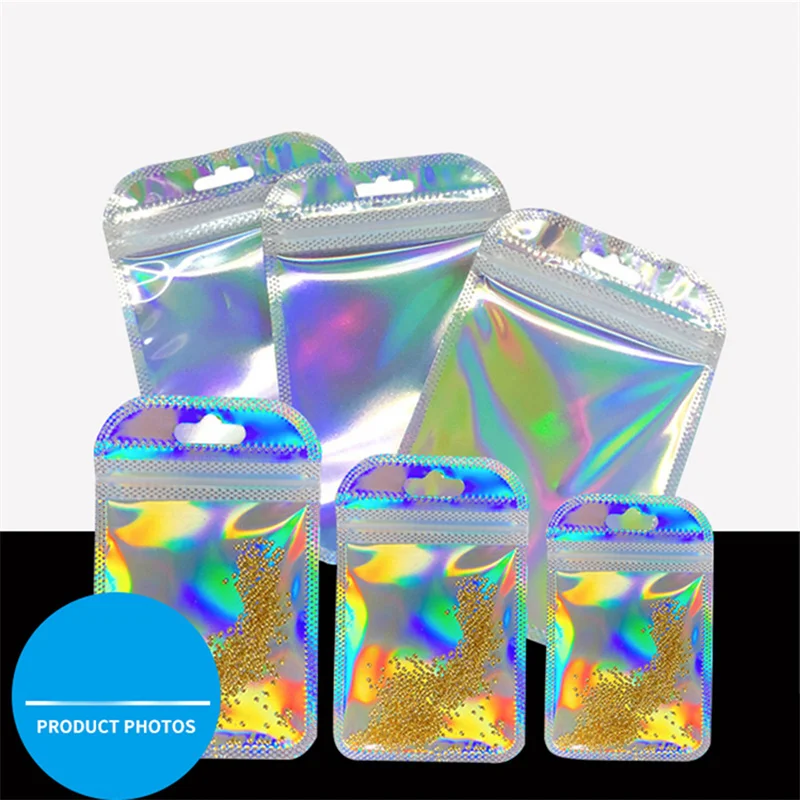 50pcs Iridescent Self Sealing Bags Laser Plastic Pouches Resealable Zip Lock Packaging For Jewelry Display Retail Bags