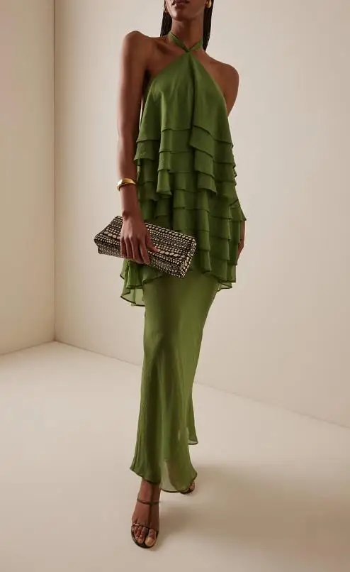 

Womens Dresses 2025 New Summer Solid Color Halter Lace Up Sexy Backless Ruffles Layered Design Sleeveless Casual Vacation Dress