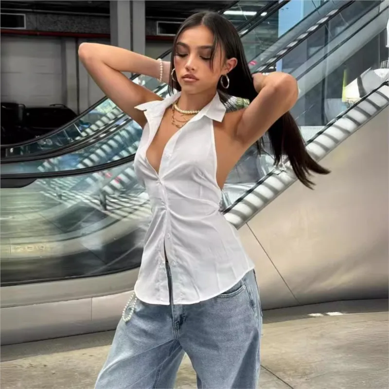 

Sexy Sleeveless Backless Tie Bow Shirts For Women 2025 Single Breasted Turn Down V Neck Halter Tops Solid Color Summer Vacation