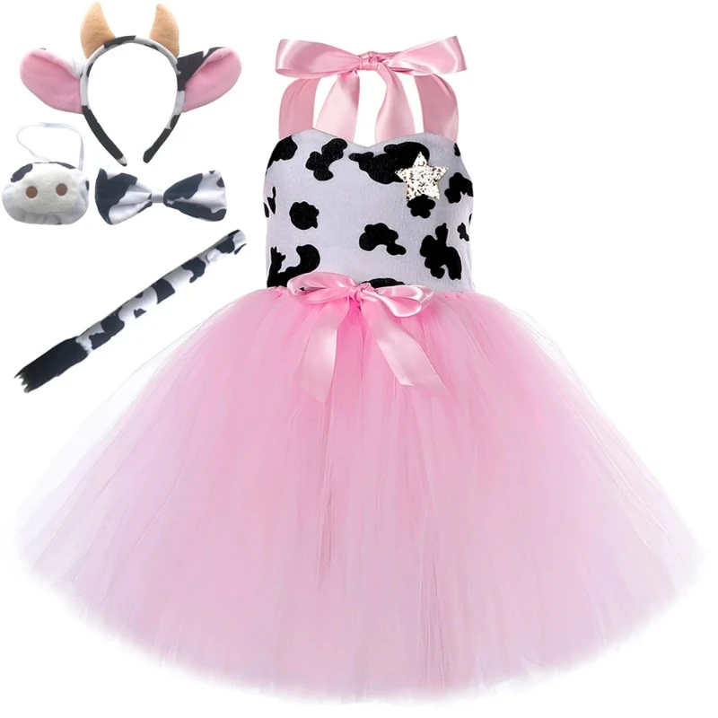 Girls' Birthday Halloween Cowgirl Themed Party Outfit, Pink Cow Tutu Skirt Set, Kids' Animal Cartoon Costume, Holiday Dress