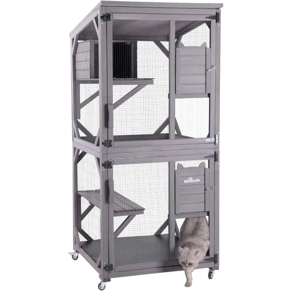 Cat Catio Kitty House Outdoor and Indoor Run Large Wooden Cat Enclosure on Wheels 70.9