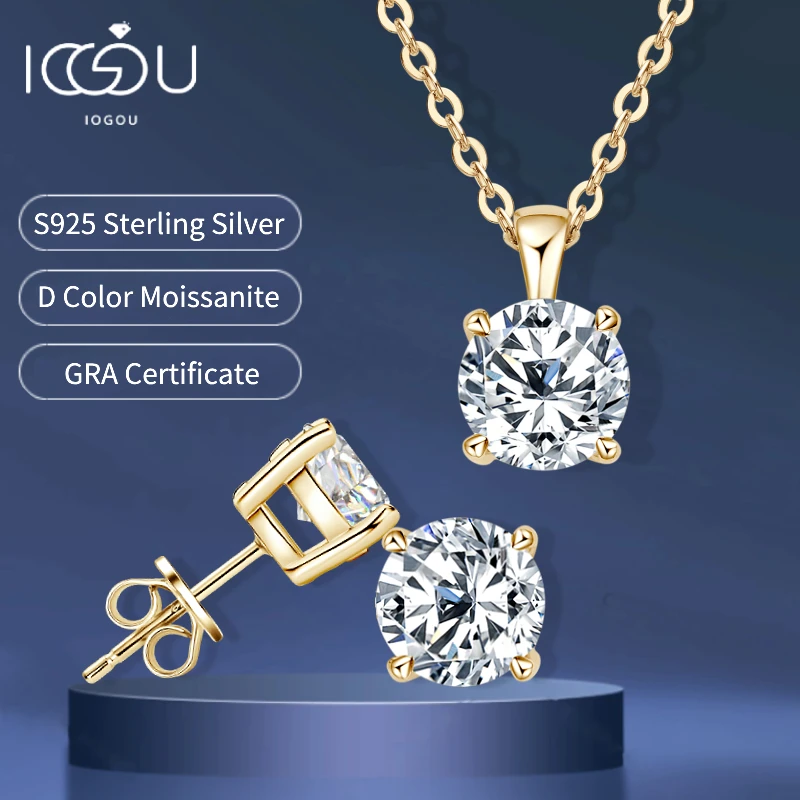 18k Gold Plated 3.0CTW D Color Moissanite Diamond Jewely Set for Woman Sliver 925 Chain Pendant Necklace Stud Earrings Set Gift