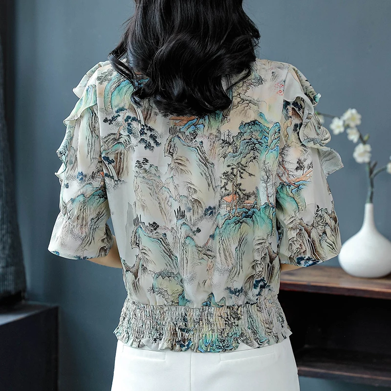 Summer Floral Printed Shirt Elegant Fashion Women Chiffon Blouse 3/4 Sleeve Patchwork Mesh Casual Tops