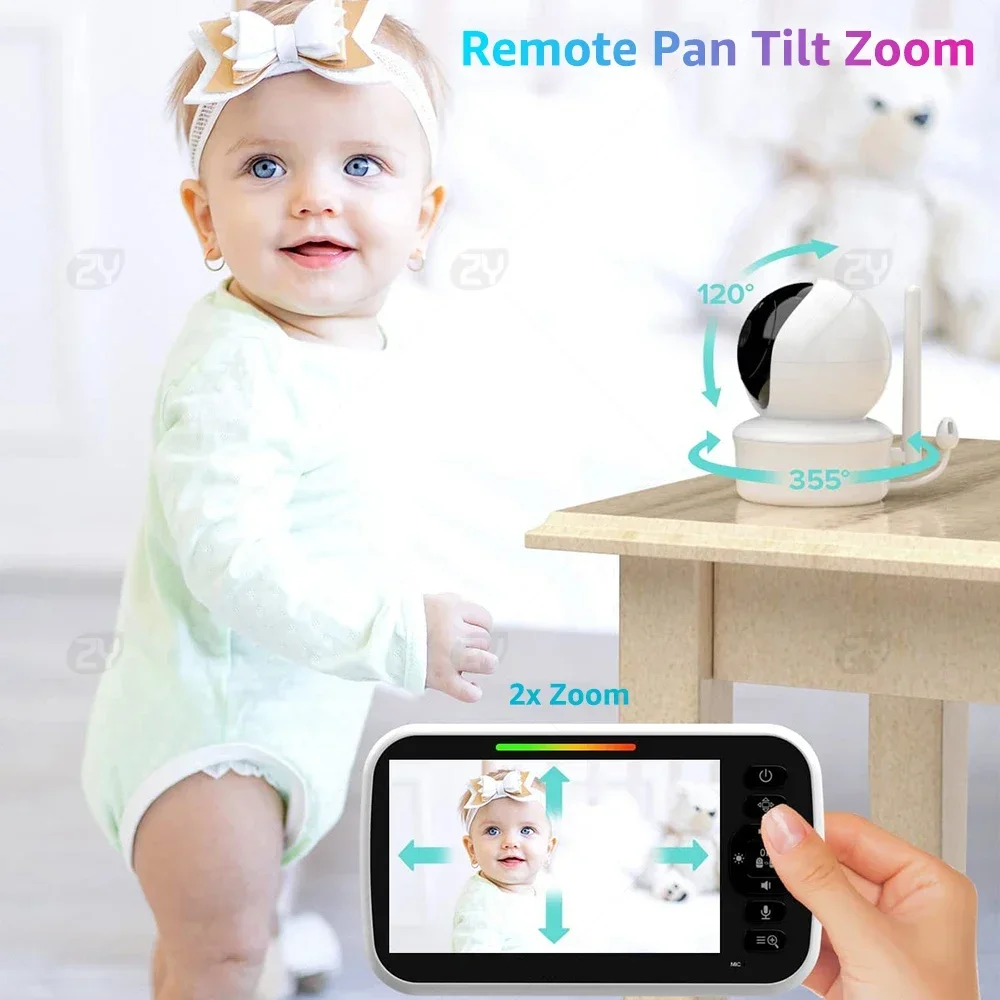 4,3 inch video-babyfoon met 2 camera's Pan Tilt Zoom, 3000 mAh batterij Babyfoon 2-weg gesprek Nachtzicht Temperatuur Babysitter