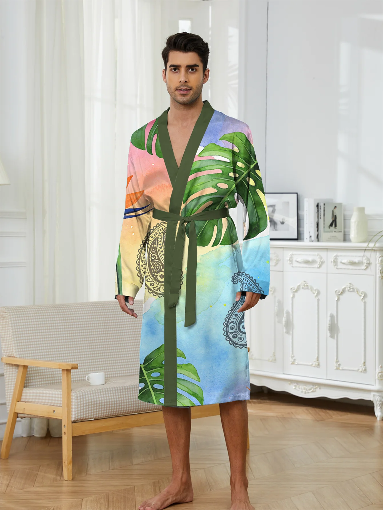 Men's 3D Digital Print Quick-Dry Colorfast Lightweight Comfortable Home Pajamas and Robes for Spring Autumn, Men's Casual Robes