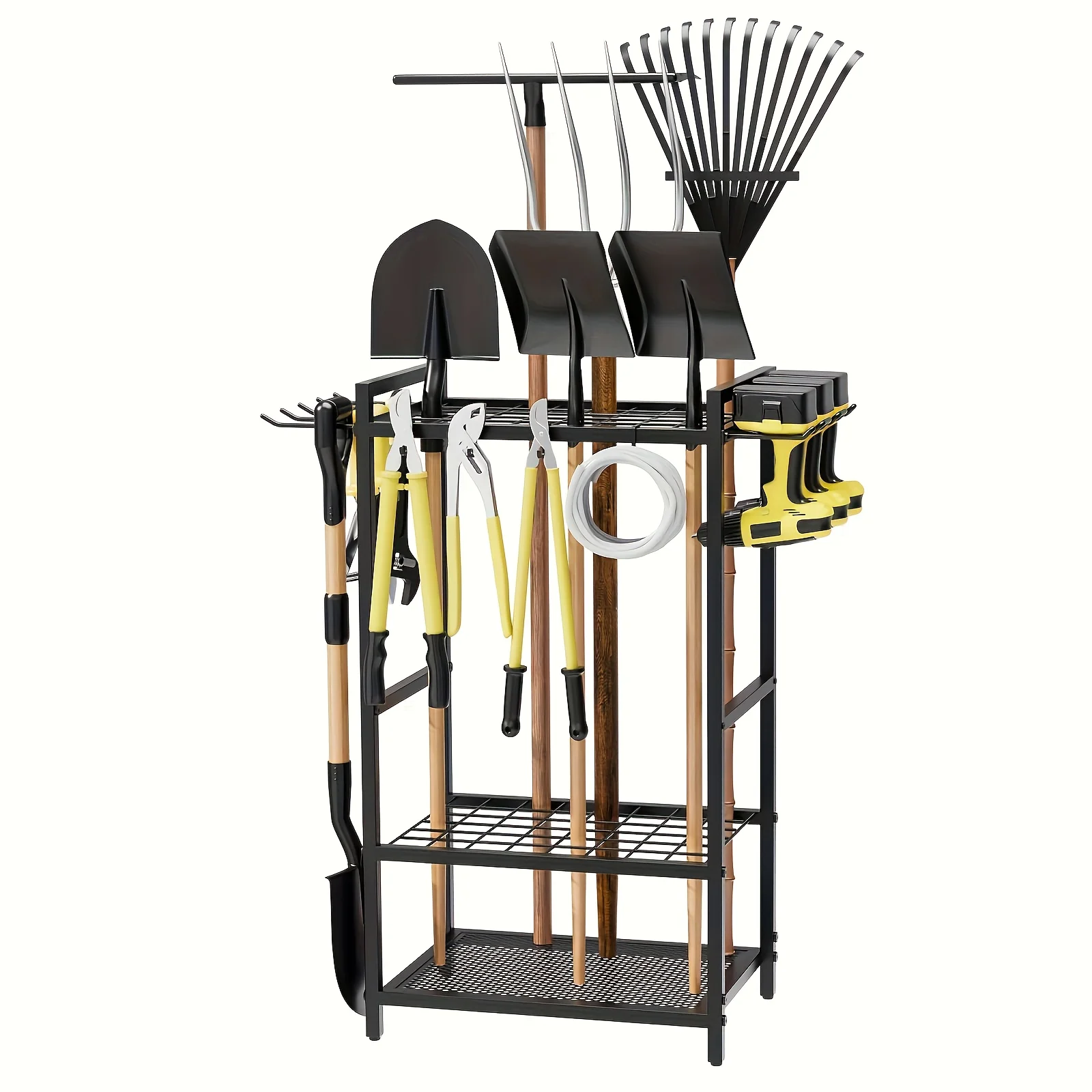 

Simple practical tool rack with side mounted broom rack, garden garage tool organizer - a garage yard tool organizer with 4 hoo