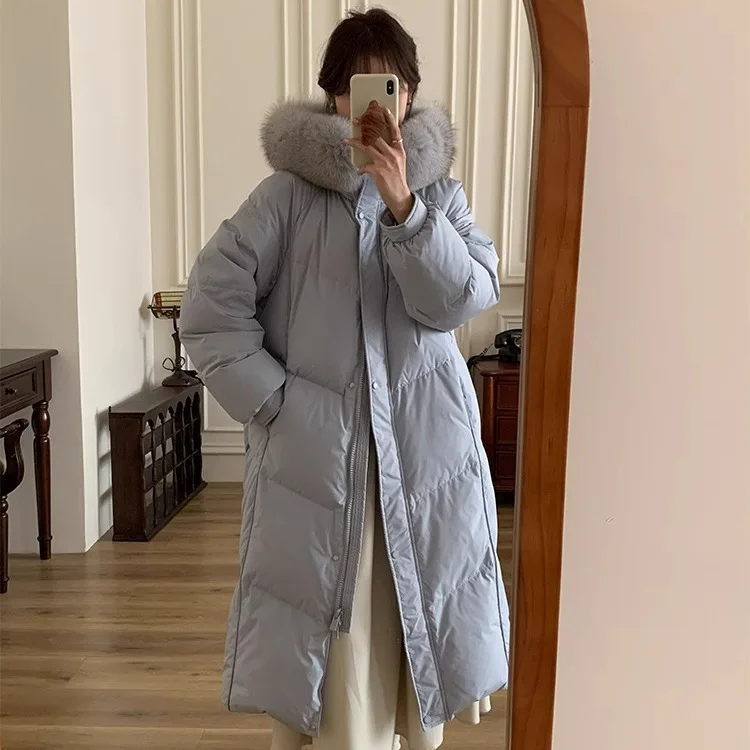 2024 Winter New Korean Edition White Goose Down Jacket for Women, Hooded, Large Hairy Collar, Long, Over Knee, Loose, Thick Coat