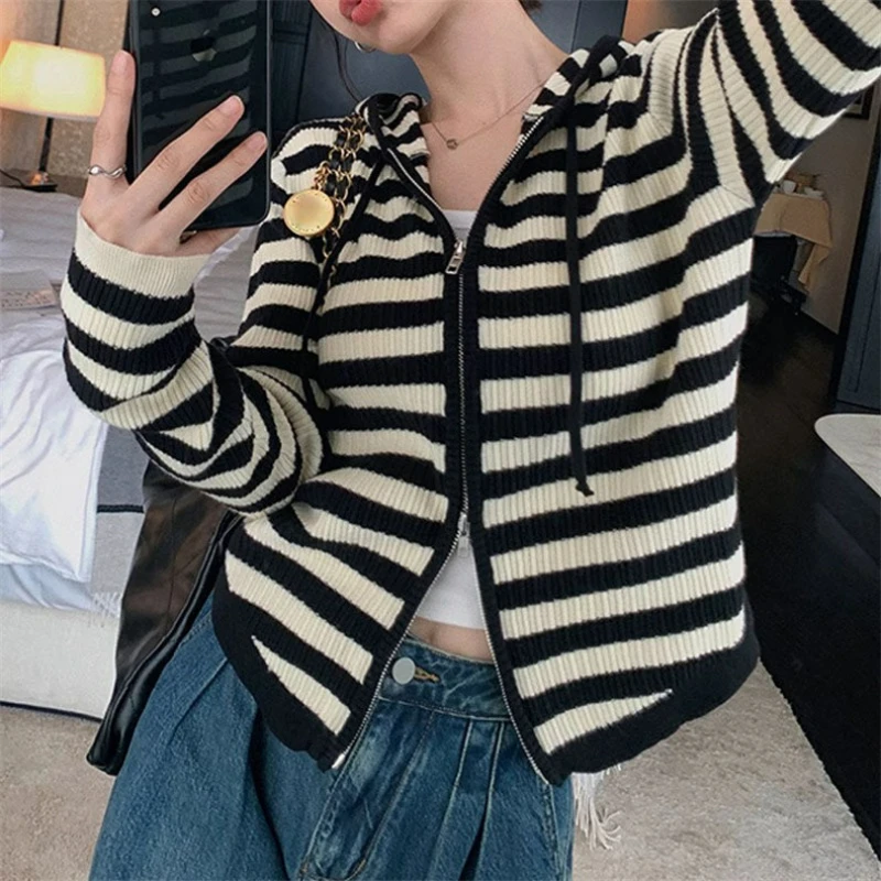

Hooded Striped Zipper Knitted Cardigan 2025 New Korean Version Spring and Autumn Casual Fashion Versatile Women's Coat Tops B934