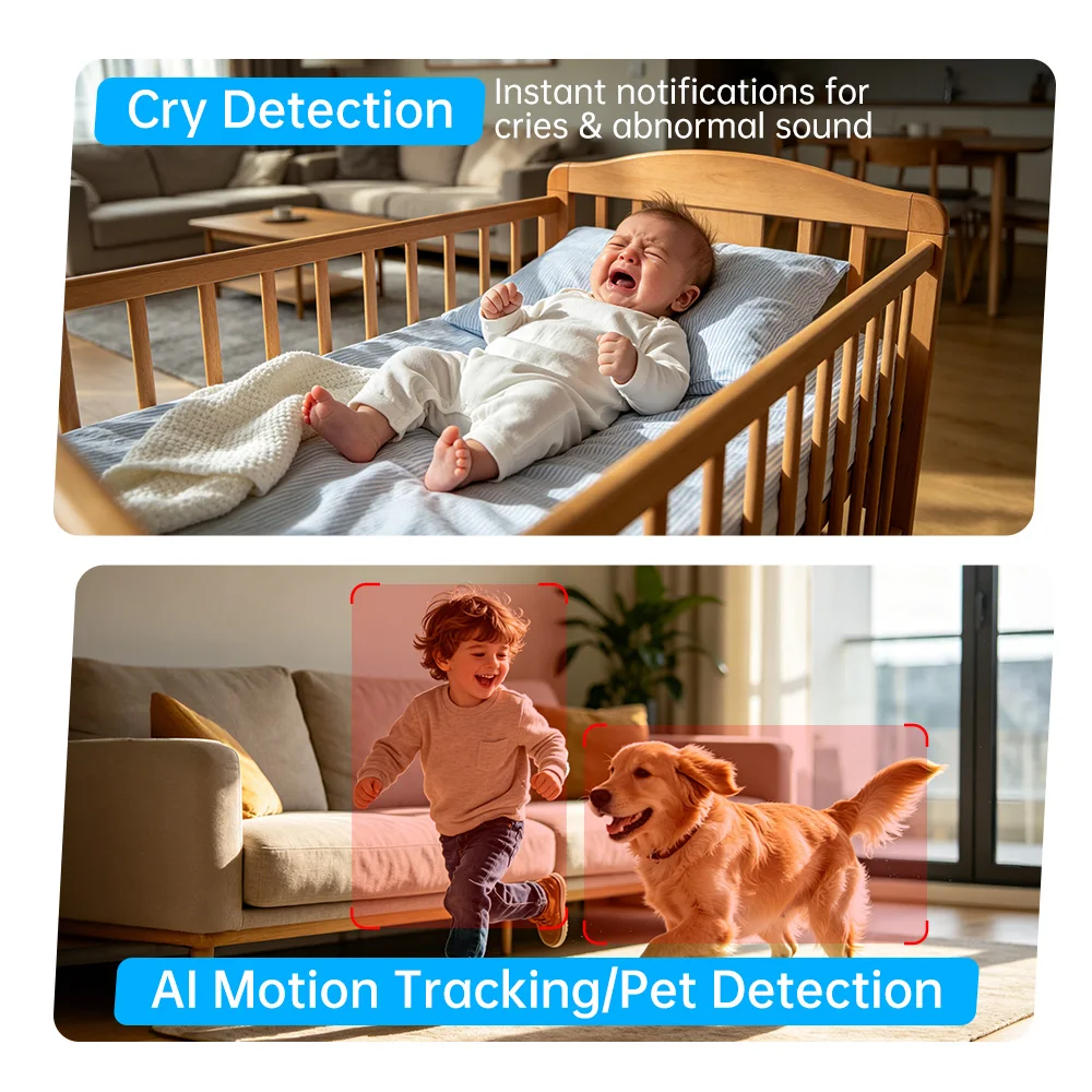 Techage 3MP Wifi Camera Wireless IP Surveillance Smart AI Crying/Pet Detection Indoor Security 2-Way Audio Baby Monitor TF Cloud