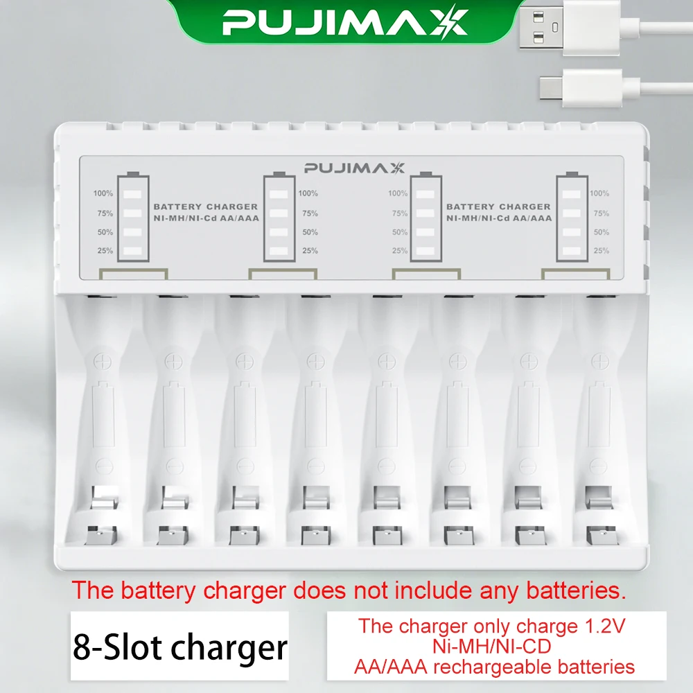 PUJIMAX 8-slot Battery Charger for AAA/AA Rechargeable Battery Short Circuit Protection LED Display 1.2V Ni-MH/Ni-Cd Charger