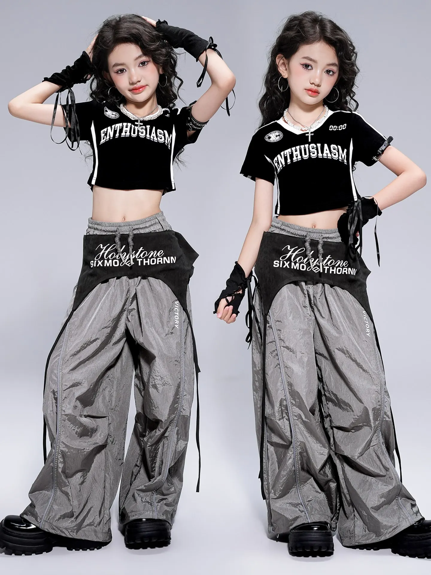 

Fashion Jazz Dance Girls' Performance Clothes Girls Team Short Sleeve Top Pants Hiphop Suit Street Dance Costumes Wear DQL10887