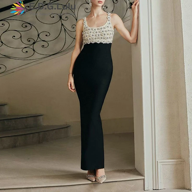 EDGLuLu High Quality Diamond Inlay Splicing Birthday Dress Ladies Sleeveless Backless Sexy Elegant Long Evening Gown 1205