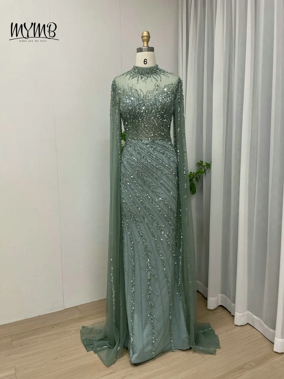 MYMB Champagne Mermaid Beaded Elegant and Pretty Women\'s Dresses 2025 New Muslim Long Sleeves Mother of The Bride Wedding Gowns