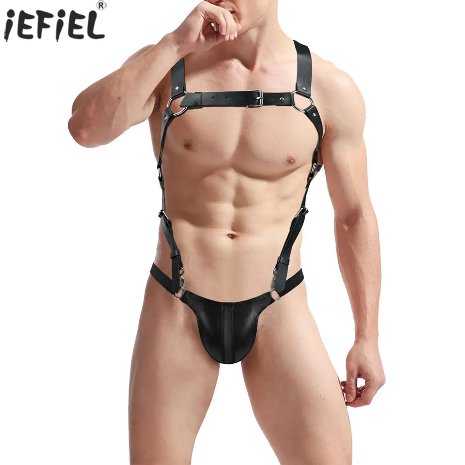 

Men Adjustable Body Chest Harness And T-back Thong Lingerie Suit Detachable Faux Leather Body Belt with Underwear for Rave Party